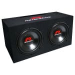 Car subwoofer box with dual speakers for deep bass sound.