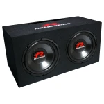 Car subwoofer box with dual speakers for deep bass sound.