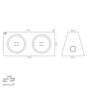 Dvostruka kutija za subwoofer od 25cm s dimenzijama i kompresijom.