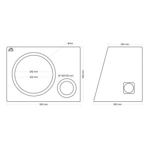 Dimenzije kutije za subwoofer 30cm, bassrefleks, 50 litara, s detaljnim mjerama.