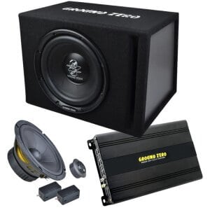 Ground Zero Iridium Sound Pack 8" subwoofer and amplifier for car audio.