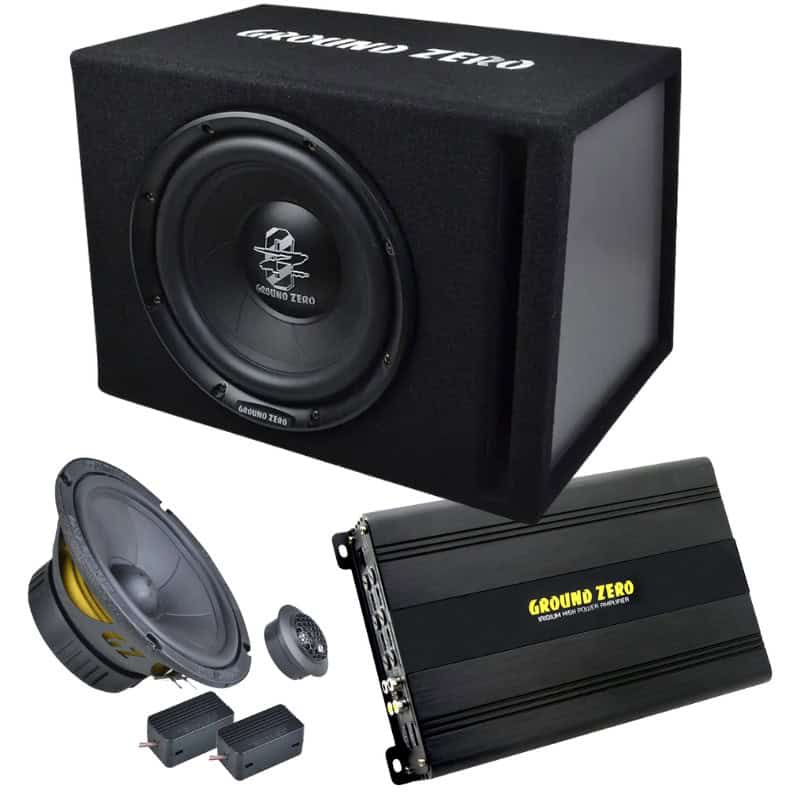 Ground Zero Iridium Sound Pack 8" subwoofer and amplifier for car audio.