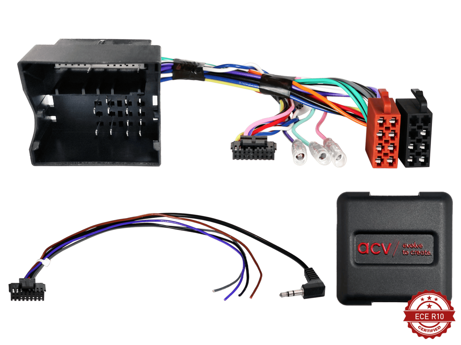 Auto audio adapter with wiring harness for car audio systems.