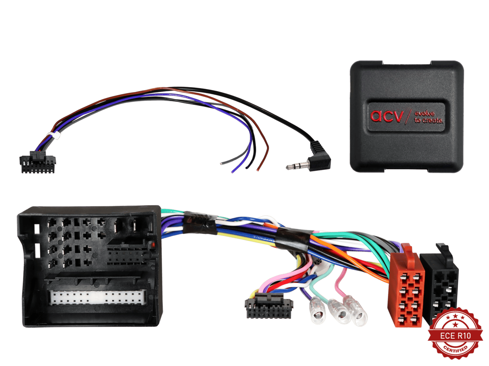 Auto audio sustav s kabelima i modulom za instalaciju u vozilo.