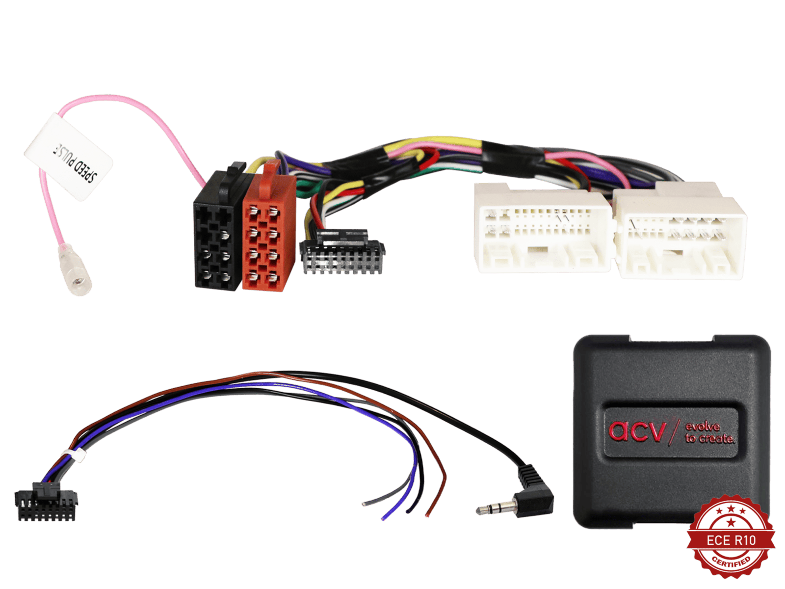 Auto audio adapter with wiring harness for car audio systems.