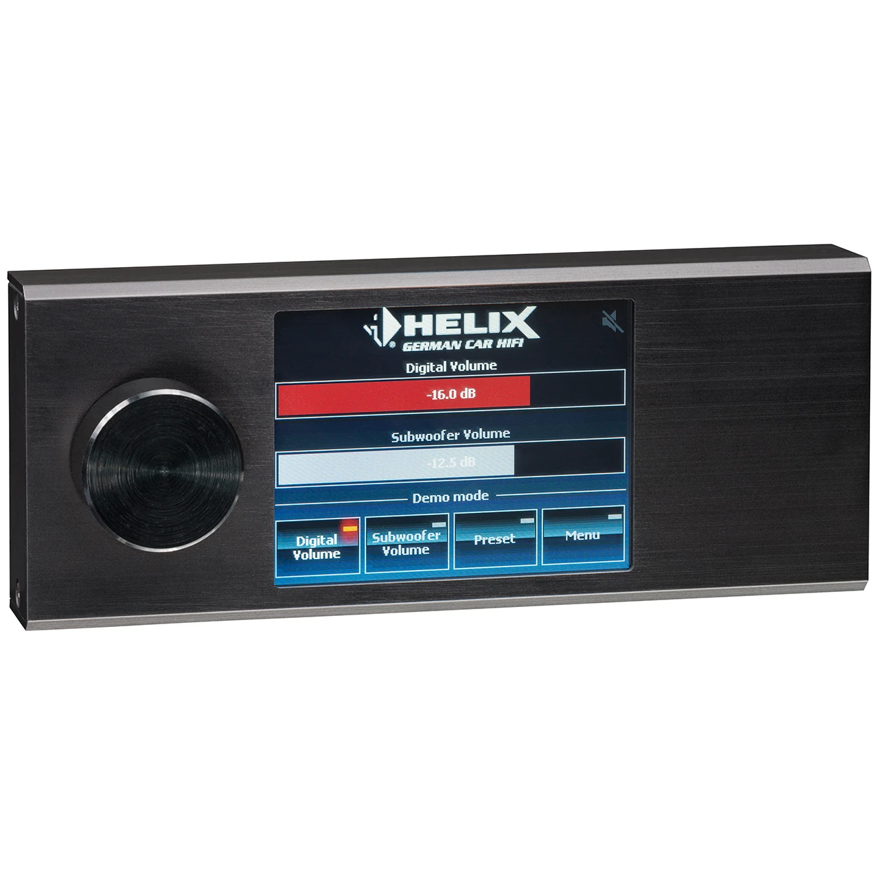 Helix digitalni kontroler za auto zvuk s ekranom i gumbima.
