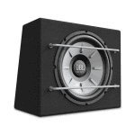 JBL subwoofer za auto zvuk s zaštitnim rešetkama i kućištem.