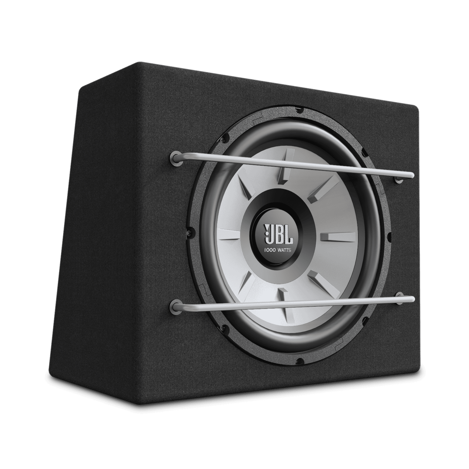 JBL subwoofer za auto zvuk s zaštitnim rešetkama i kućištem.